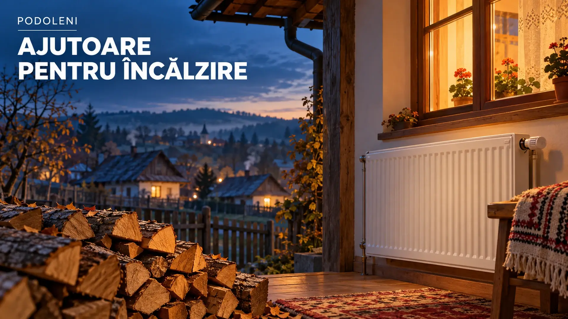 Ilustrație despre ajutoarele pentru încălzire din Podoleni: locuință, calorifer și lemne de foc