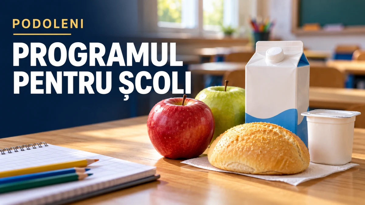Lapte, fructe și produse de panificație pe o bancă de școală – Programul pentru școli la Podoleni