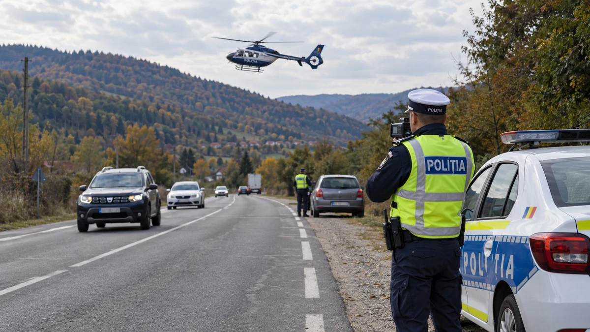 Polițist rutier lângă o autospecială, pe marginea unei șosele, cu un elicopter deasupra drumului.