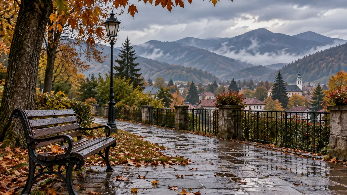 Parc de toamnă într-un oraș de la poalele munților