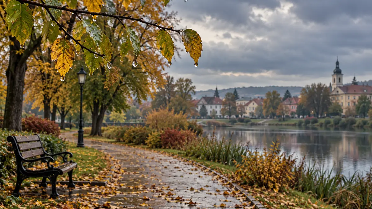 Parc de toamnă cu frunze ude