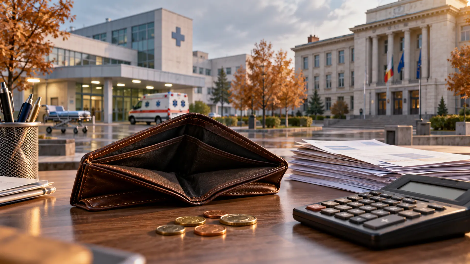 Portofel gol, câteva monede, facturi și calculator, cu un spital și o primărie în fundal – ilustrație despre finanțarea instituțiilor publice.