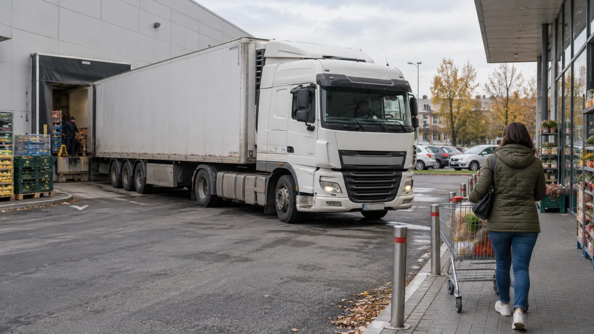 Camion de transport marfă la rampa unui supermarket și o cumpărătoare cu un cărucior de alimente