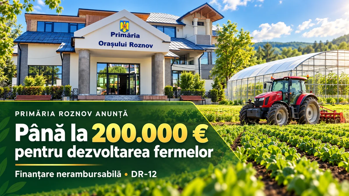 Copertă ilustrativă cu Primăria Roznov, un tractor și o seră: până la 200.000 de euro pentru dezvoltarea fermelor, prin DR-12.