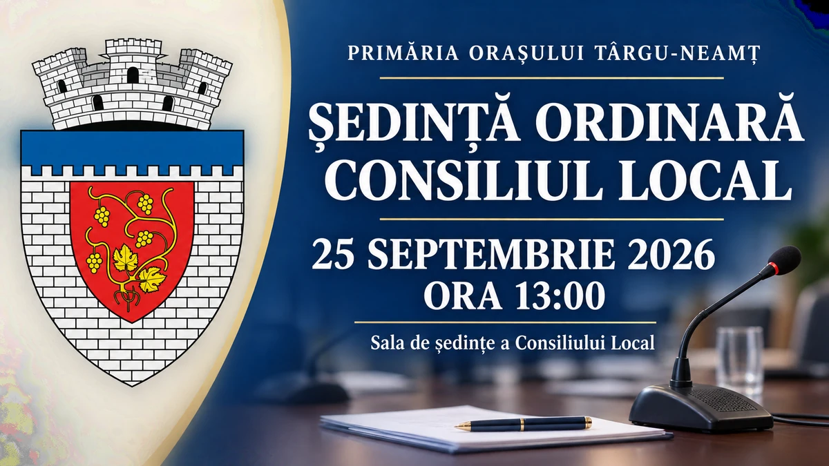 Grafică ilustrativă cu stema orașului Târgu-Neamț și convocarea ședinței ordinare a Consiliului Local din 25 septembrie 2026, ora 13:00.