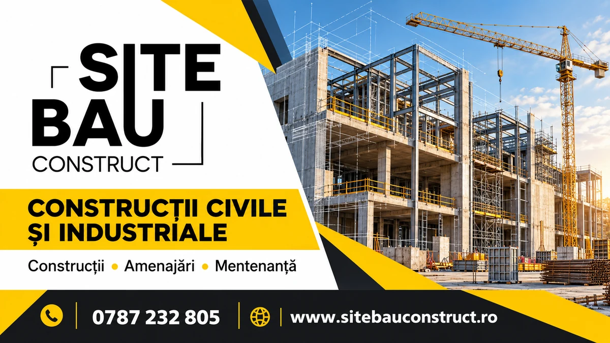 Sigla SITE BAU CONSTRUCT alături de o ilustrație de șantier, cu structură de clădire și macara, în culorile galben, negru și alb.