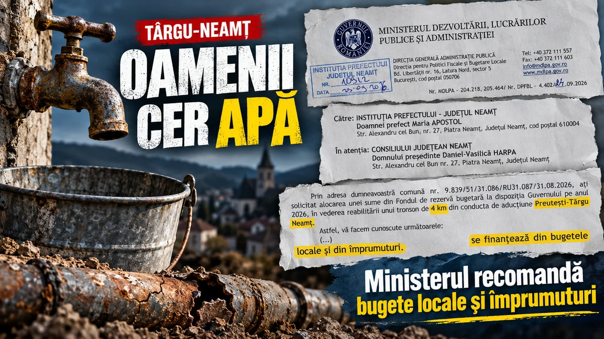 Robinet uscat și conductă uzată, alături de fragmente din răspunsul Ministerului Dezvoltării privind conducta Preutești–Târgu-Neamț.