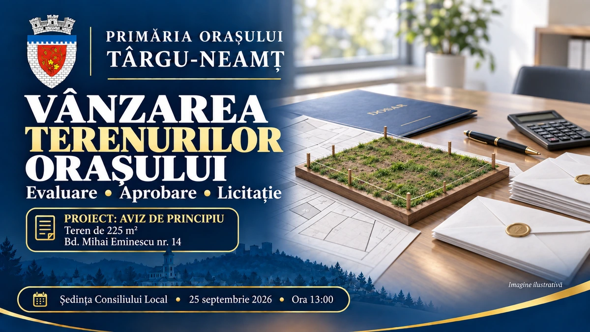 Imagine ilustrativă despre avizul de principiu pentru vânzarea prin licitație a unui teren de 225 m² de pe bulevardul Mihai Eminescu nr. 14, Târgu-Neamț