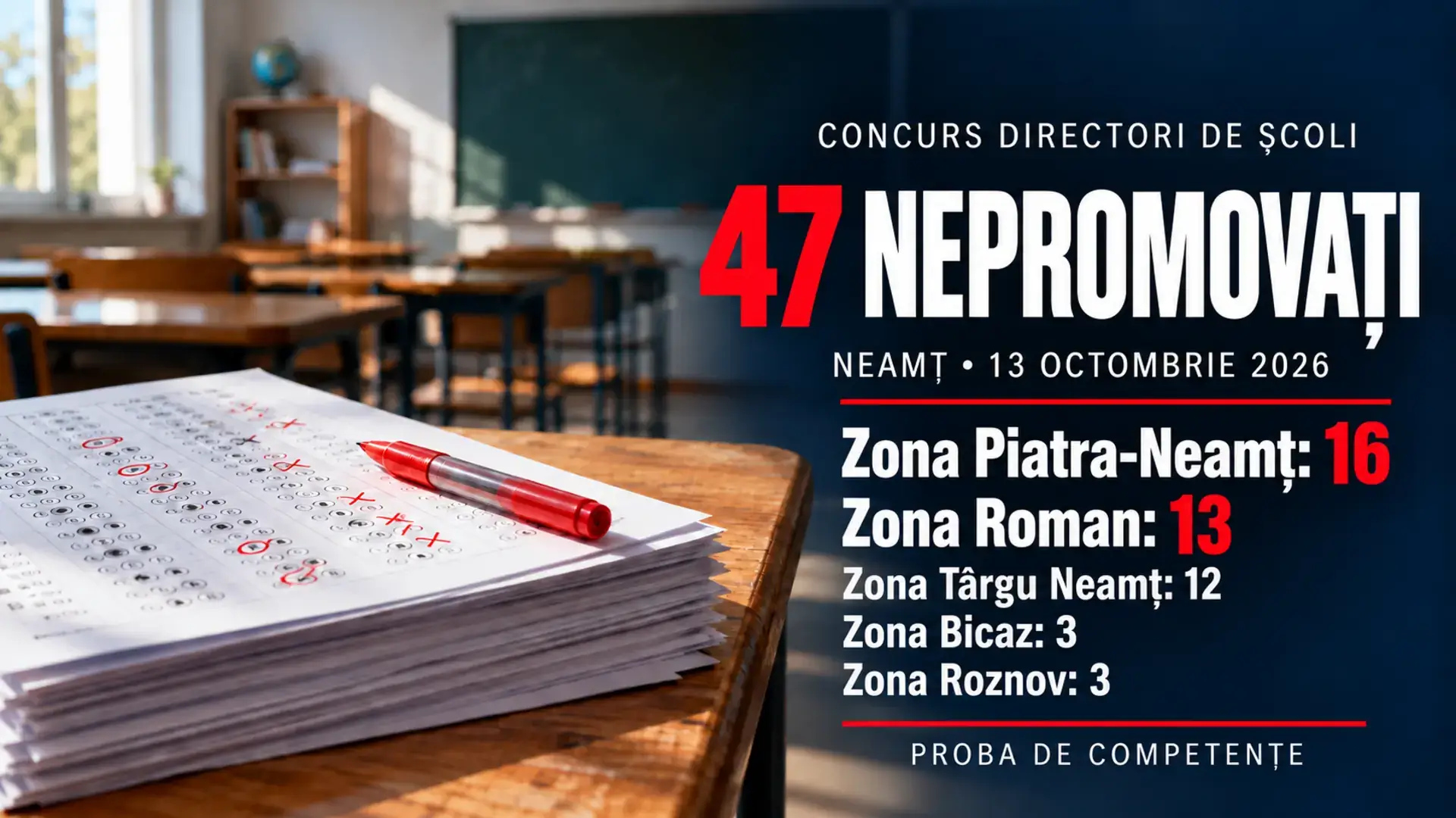 Imagine ilustrativă: 47 de candidați nepromovați la proba din 13 octombrie 2026; Piatra-Neamț 16, Roman 13, Târgu Neamț 12, Bicaz 3 și Roznov 3.