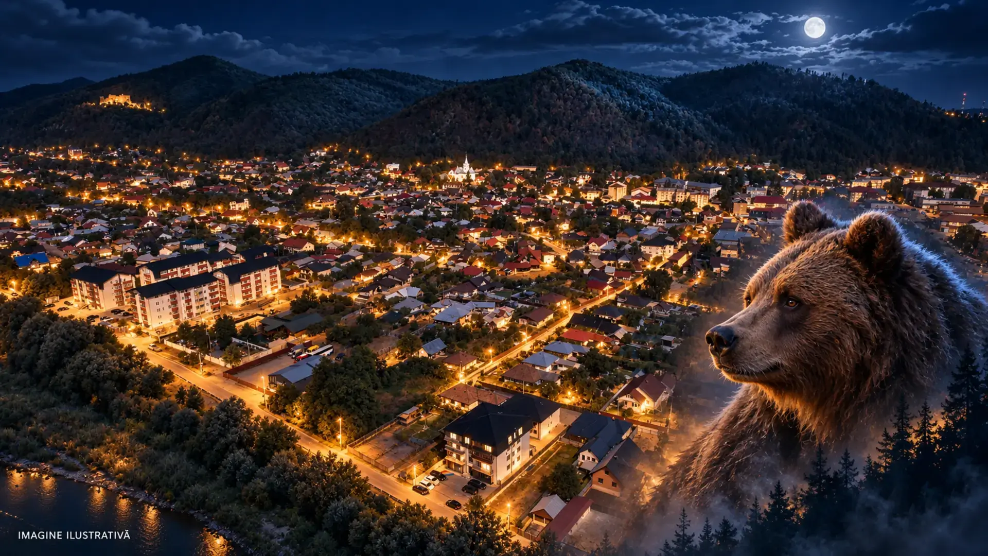 Fotomontaj ilustrativ: panoramă nocturnă a orașului Târgu-Neamț, cu un urs reprezentat simbolic în prim-plan.