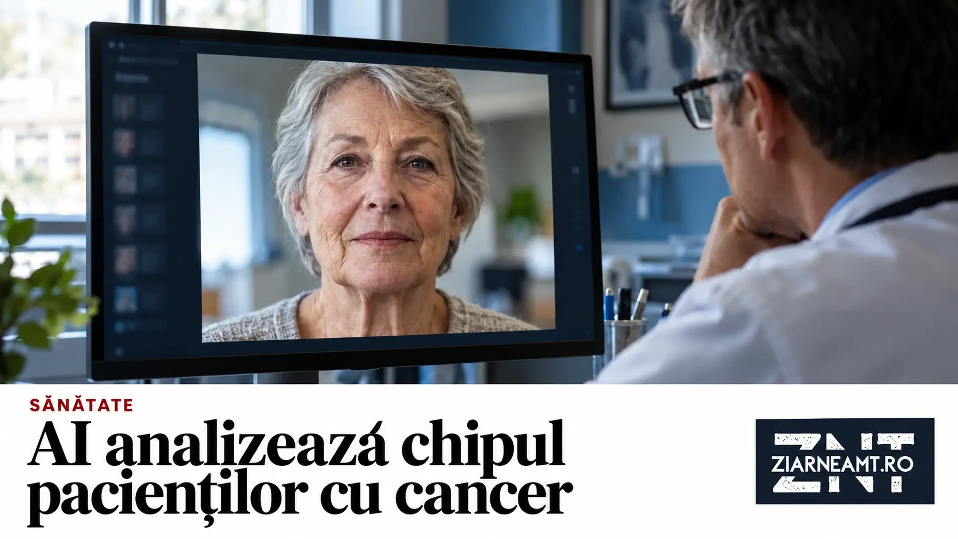 Medic în fața unui ecran cu un portret facial, pe coperta Ziar Neamț